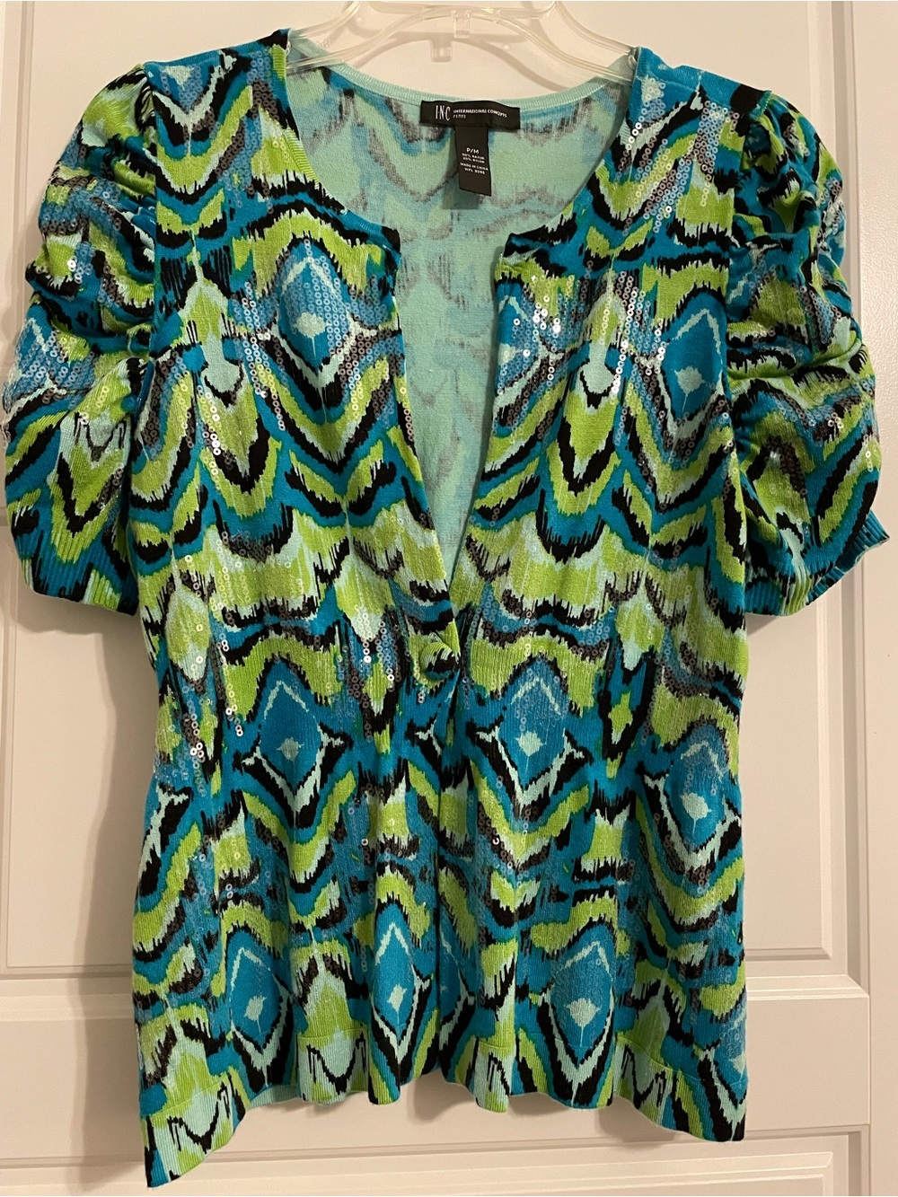 INC International Concepts Turquoise/Lime/Black Sequin Knit Short Sleeve sweater